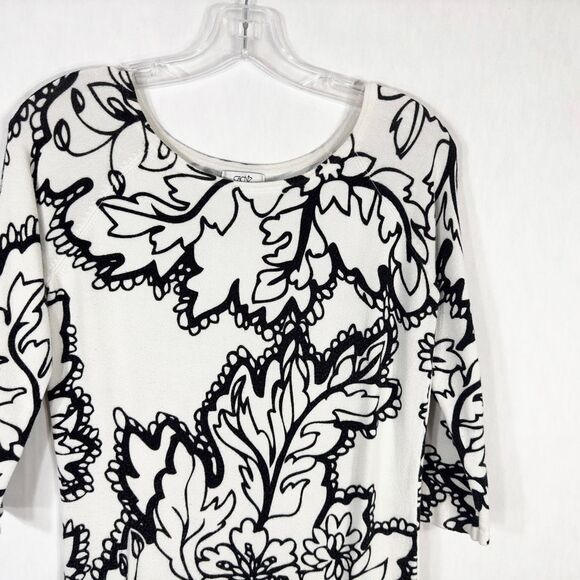 Cache Small Top Knit Black White‎ Floral Outline Half Sleeve Sweater Stretch 996 - Picture 4 of 10